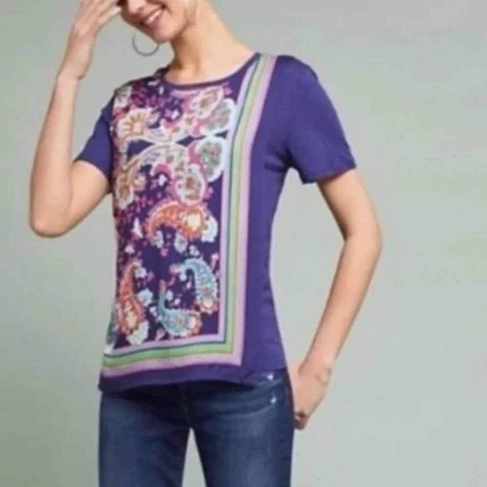 Maeve | Anthropologie Purple Maddie Paisley Print Overlay Knit Blouse